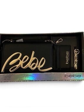 New BEBE Natalie Crossbody Purse Bag Wristlet Key Chain Y2K Black Gift Set $149